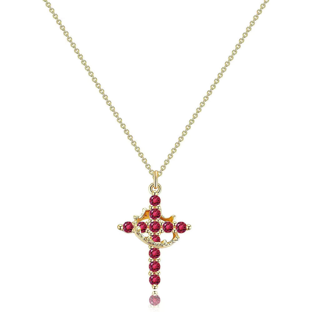 Women's Pendant Necklace Showcasing Cross and Crown Style with Stone Highlights