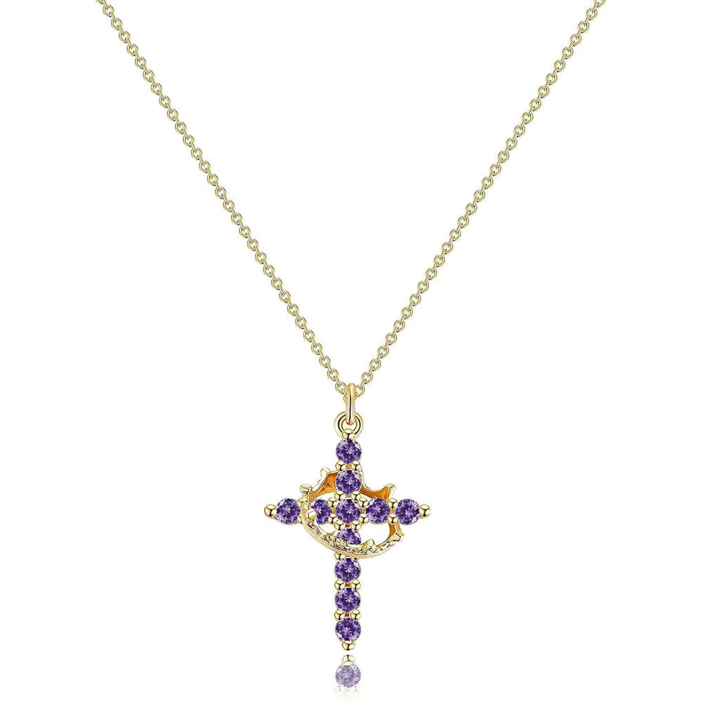 Women's Pendant Necklace Showcasing Cross and Crown Style with Stone Highlights