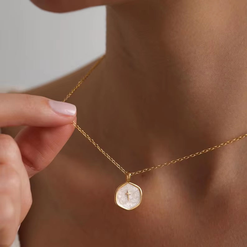 Women's Medallion Pendant Chain with Cross Detail and Textured Finish