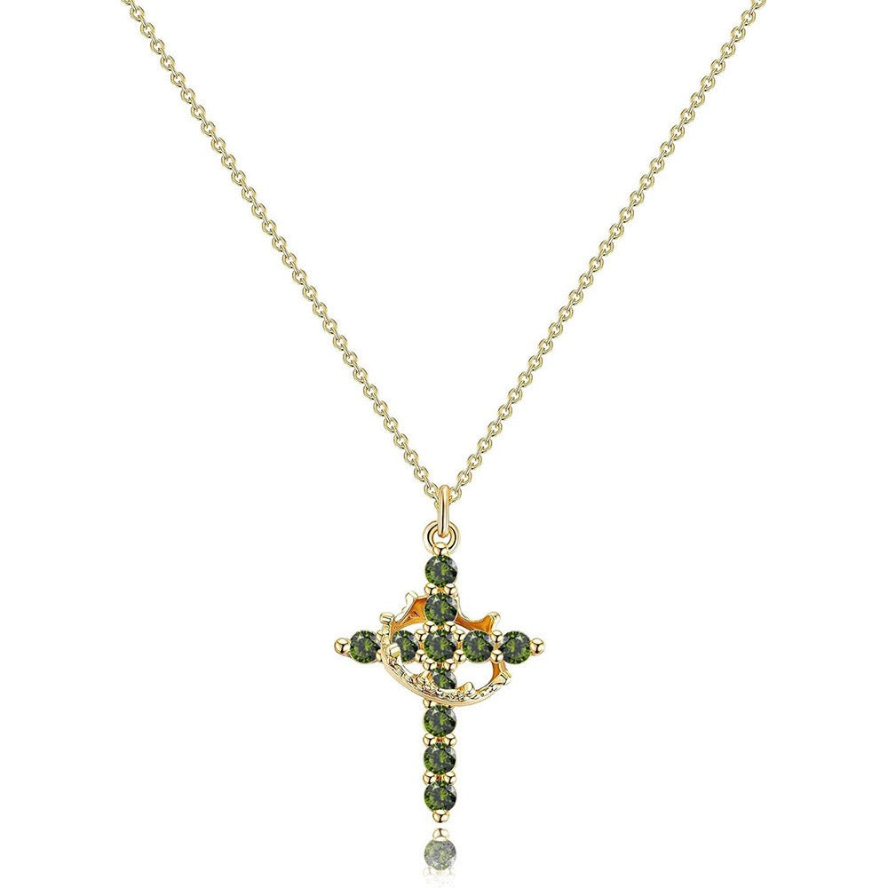 Women's Pendant Necklace Showcasing Cross and Crown Style with Stone Highlights