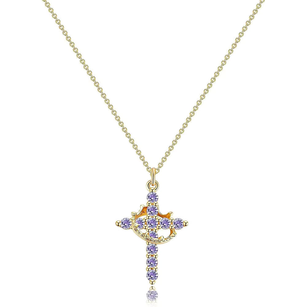 Women's Pendant Necklace Showcasing Cross and Crown Style with Stone Highlights