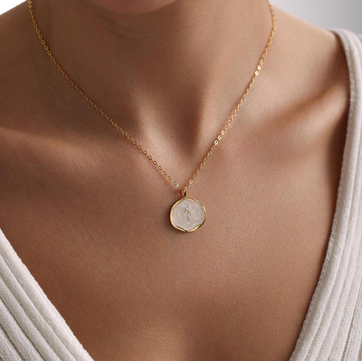 Women's Medallion Pendant Chain with Cross Detail and Textured Finish