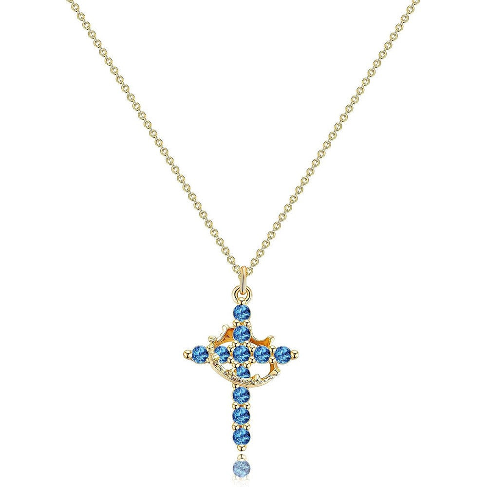 Women's Pendant Necklace Showcasing Cross and Crown Style with Stone Highlights