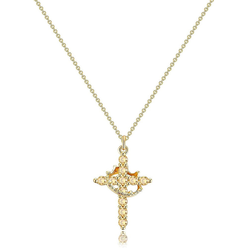 Women's Pendant Necklace Showcasing Cross and Crown Style with Stone Highlights