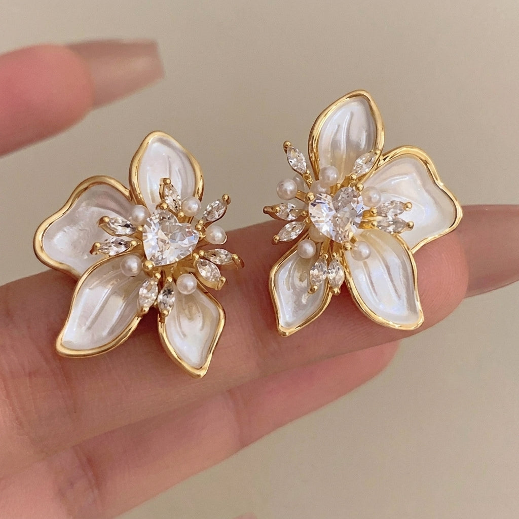 Women's Ear Studs in Flower Design with Heart Accent and Pearl-like Petals