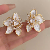 Women's Ear Studs in Flower Design with Heart Accent and Pearl-like Petals