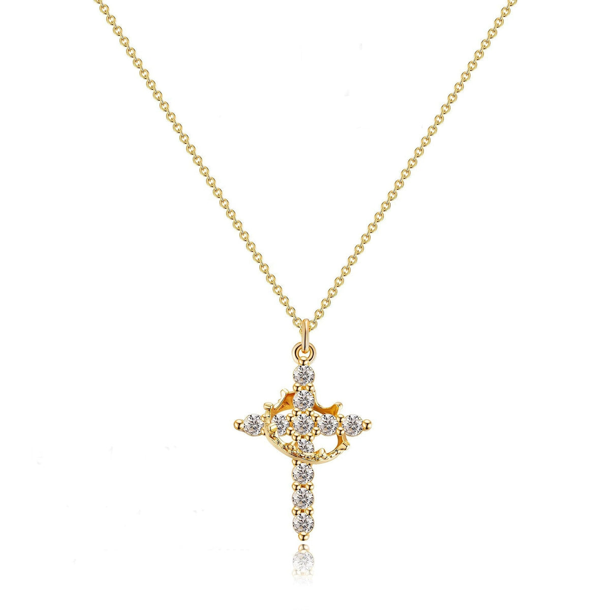 Women's Pendant Necklace Showcasing Cross and Crown Style with Stone Highlights