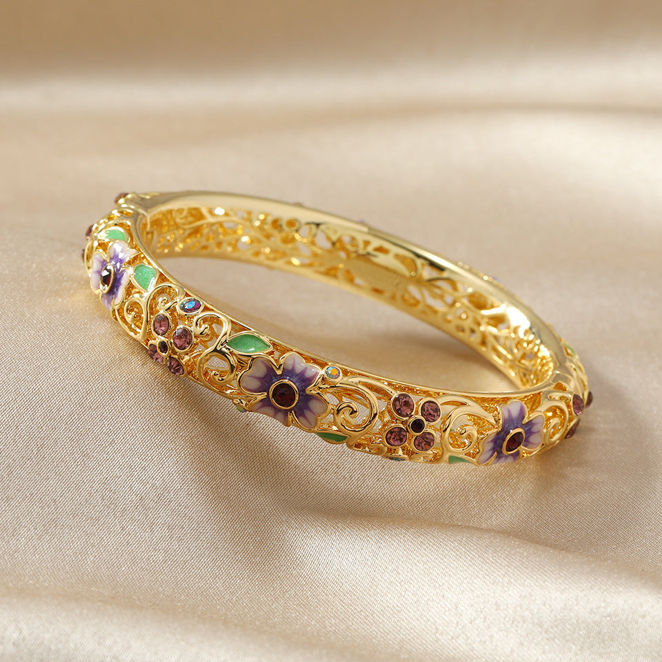Open Flower Bracelet for Women with Enamel Details and Stone Accents