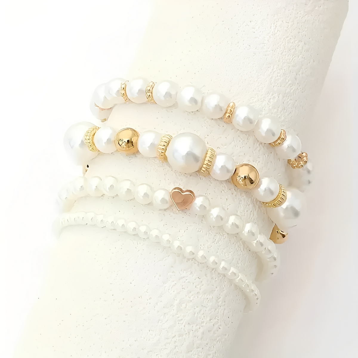 Women's 4-Piece Stackable Bracelet Set with Pearl Accents and Heart Charm