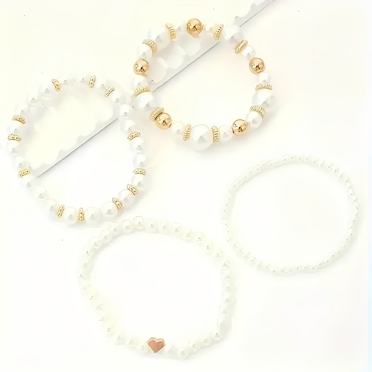 Women's 4-Piece Stackable Bracelet Set with Pearl Accents and Heart Charm