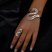 Women's Adjustable Bracelet and Ring Set with Modern Swirl Design