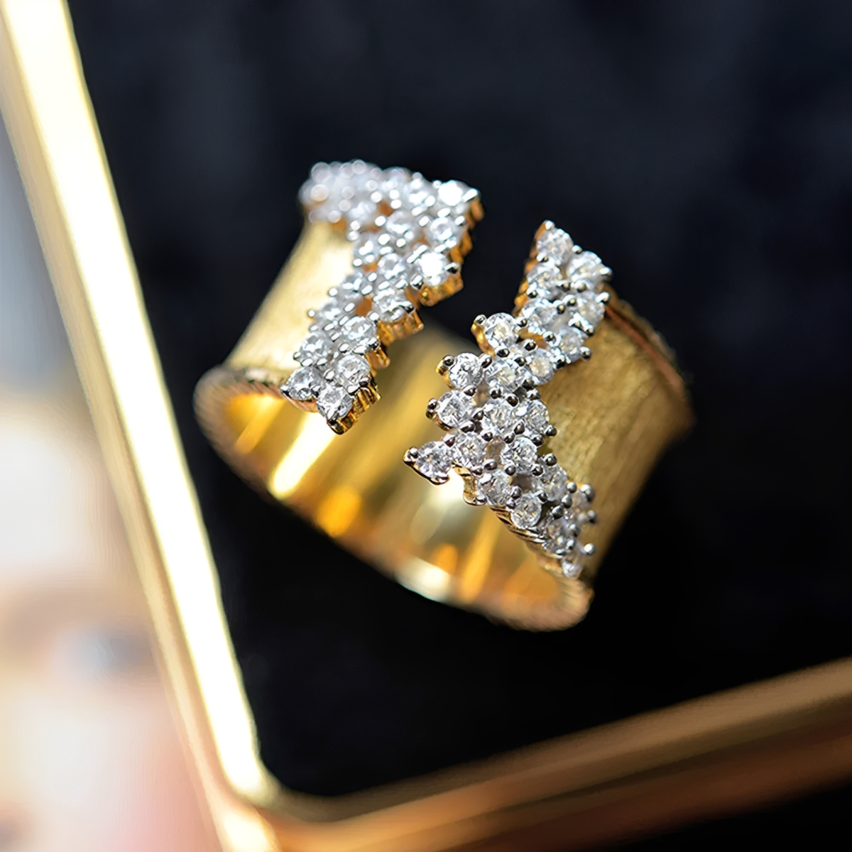 Women's Adjustable Open Statement Ring with Structured Band and Stone Embellishments