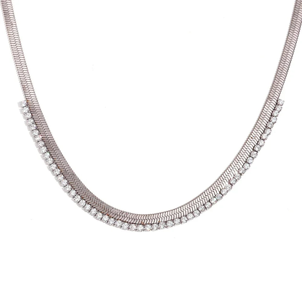Women's Fishbone Necklace Featuring Wide Chain Design and Stone Accents