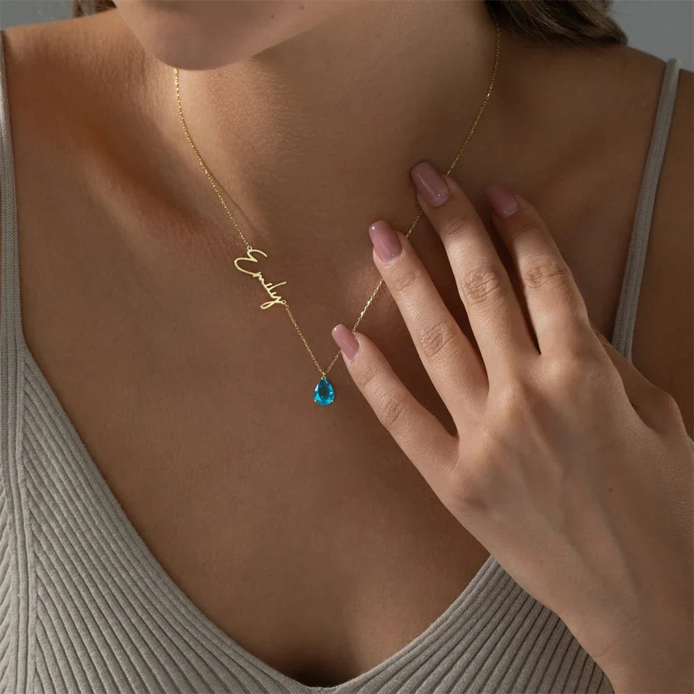 Personalized Name Necklace for Women with Teardrop Gem
