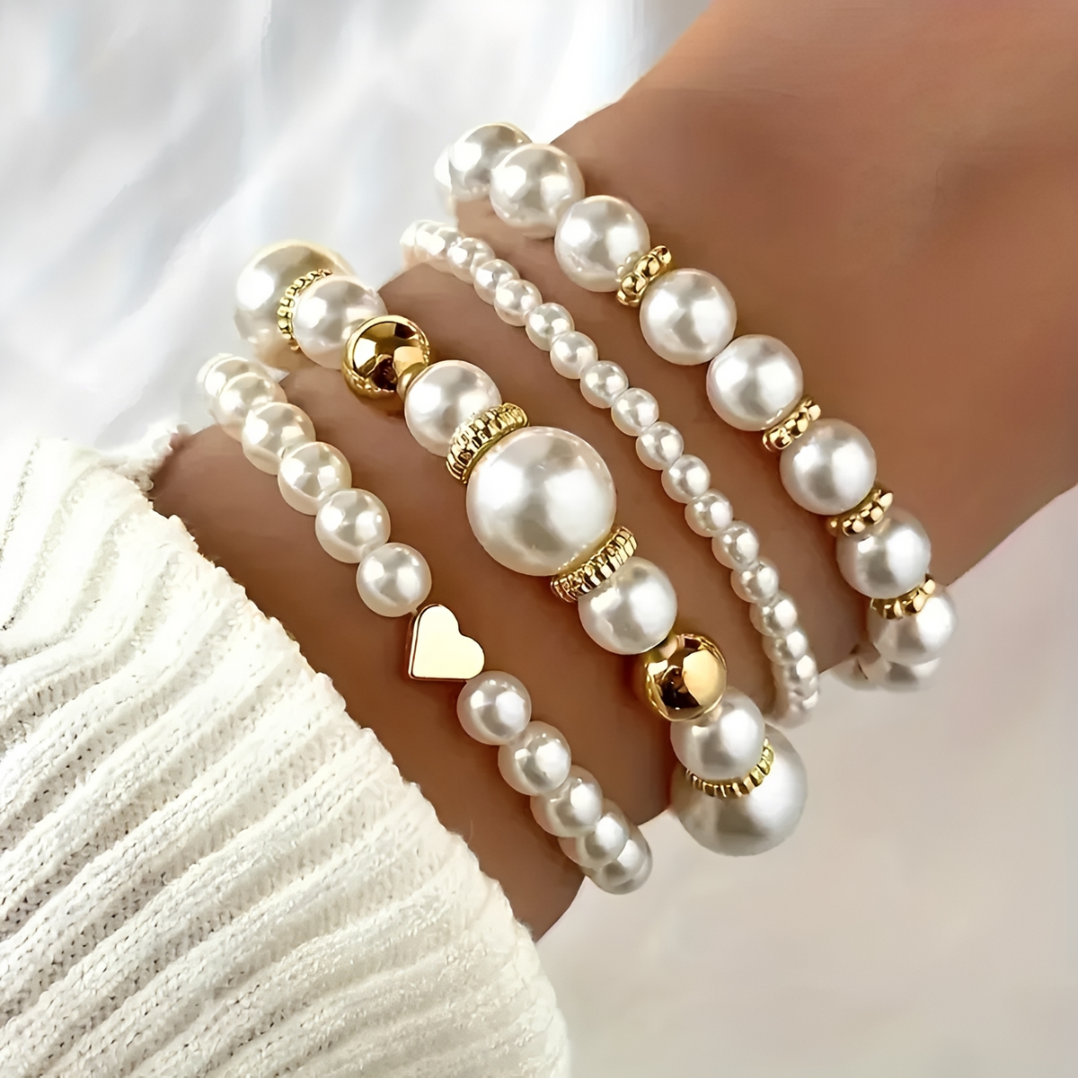 Women's 4-Piece Stackable Bracelet Set with Pearl Accents and Heart Charm