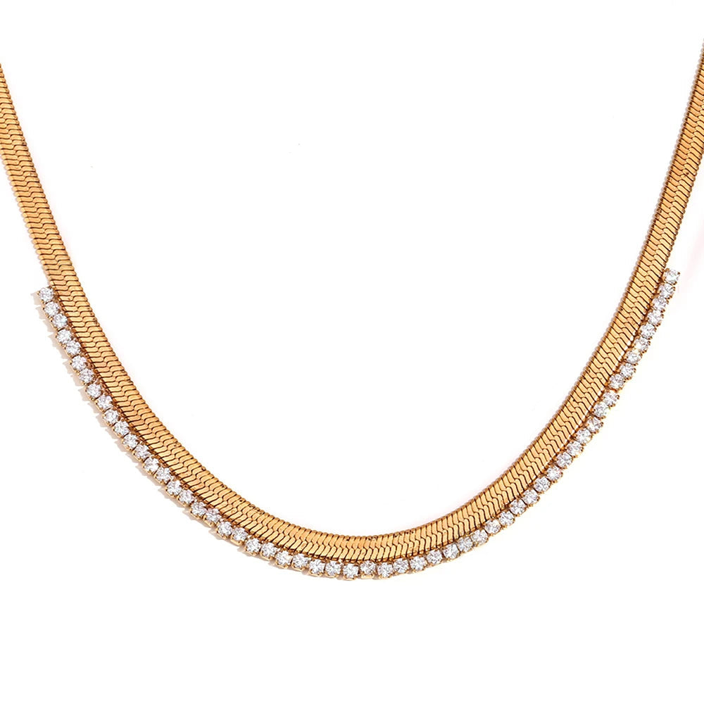 Women's Fishbone Necklace Featuring Wide Chain Design and Stone Accents