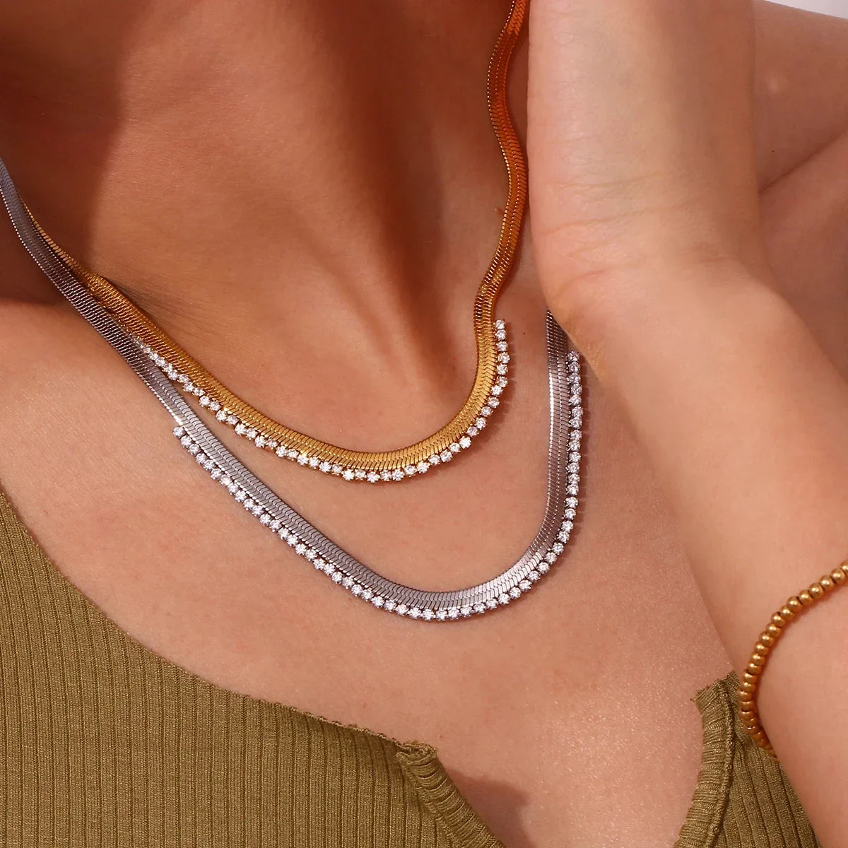 Women's Fishbone Necklace Featuring Wide Chain Design and Stone Accents