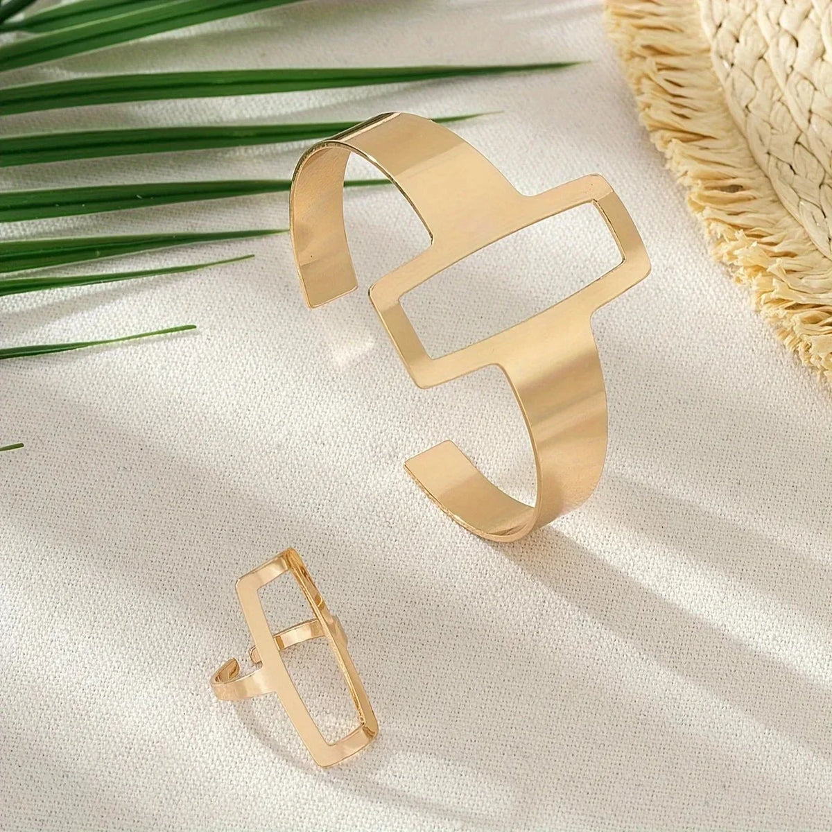 Women's Adjustable Bracelet and Ring Set with Geometric Rectangle Design