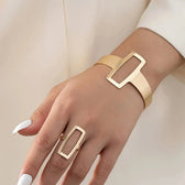 Women's Adjustable Bracelet and Ring Set with Geometric Rectangle Design