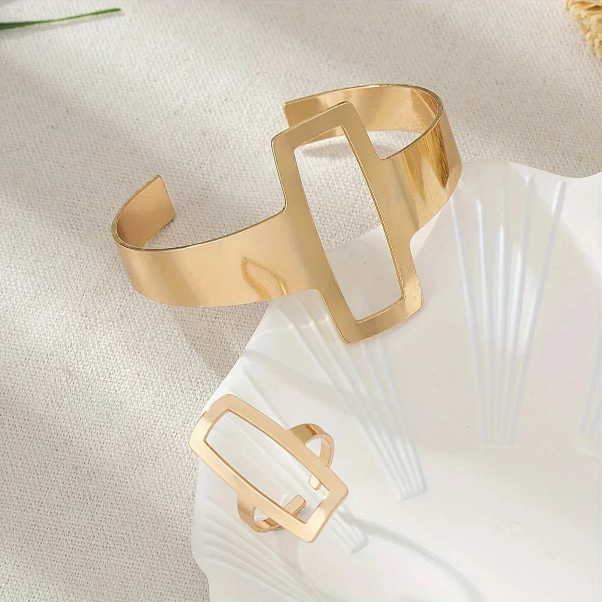 Women's Adjustable Bracelet and Ring Set with Geometric Rectangle Design