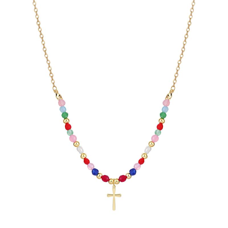 Women’s Cross Pendant Necklace with Pearl Strand and Decorative Stone Details