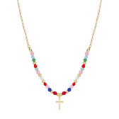 Women’s Cross Pendant Necklace with Pearl Strand and Decorative Stone Details