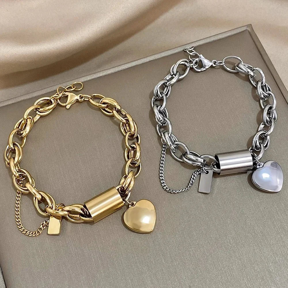 Women's Statement Chain Bracelet With Heart Charms and Multi-Layered Chain Features
