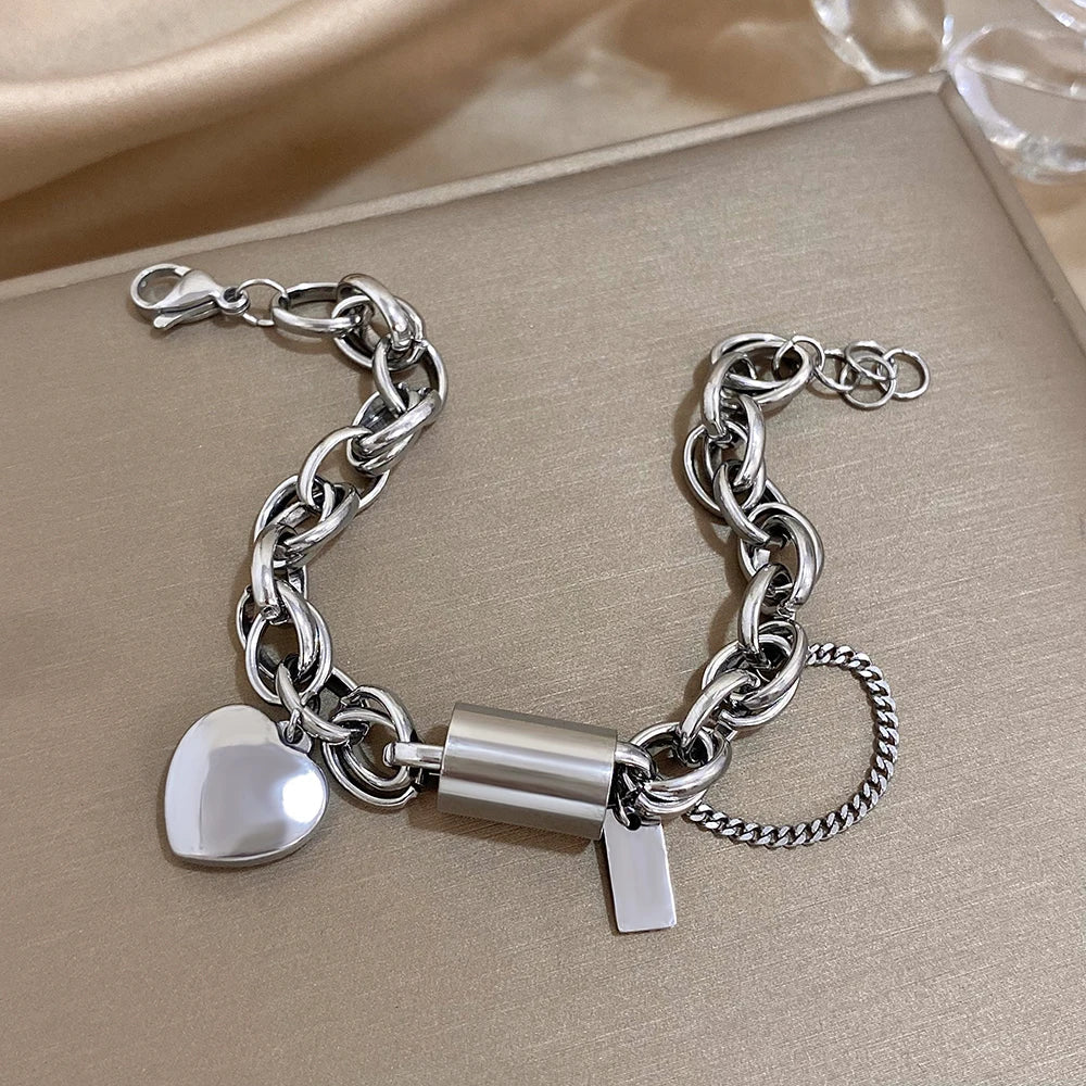 Women's Statement Chain Bracelet With Heart Charms and Multi-Layered Chain Features
