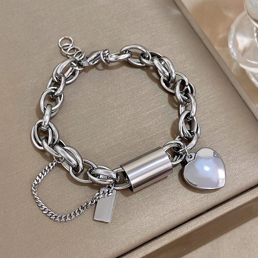 Women's Statement Chain Bracelet With Heart Charms and Multi-Layered Chain Features
