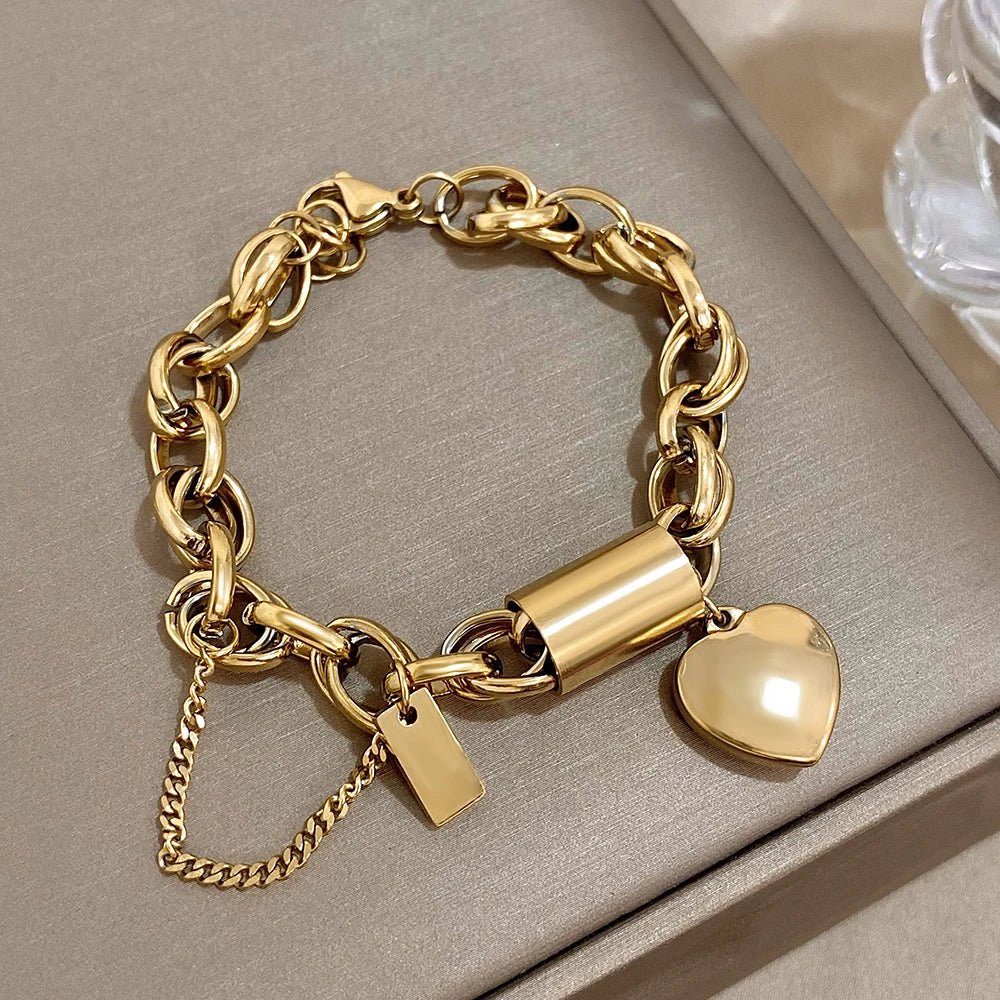 Women's Statement Chain Bracelet With Heart Charms and Multi-Layered Chain Features