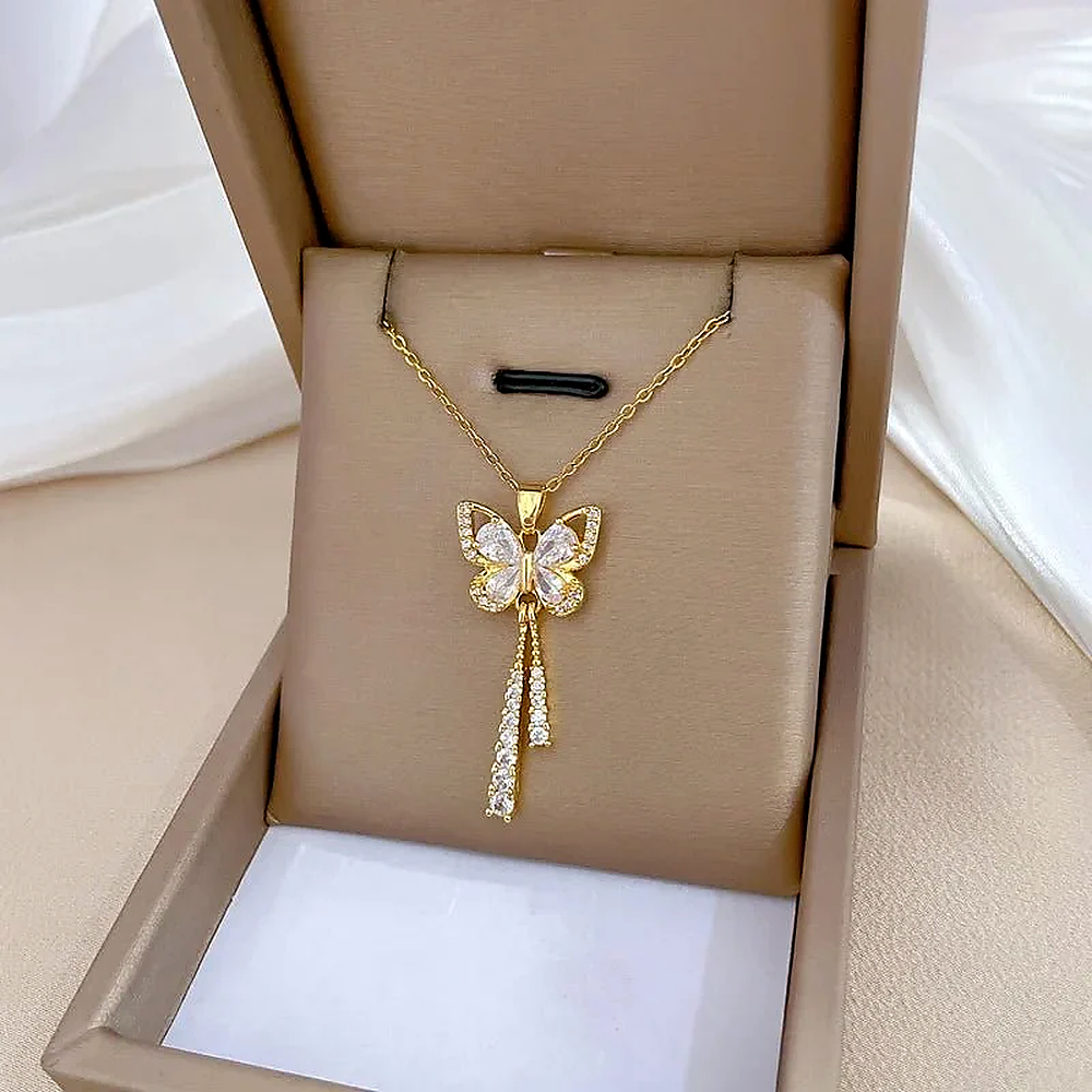 Women's Butterfly Necklace with Hanging Stone Accents