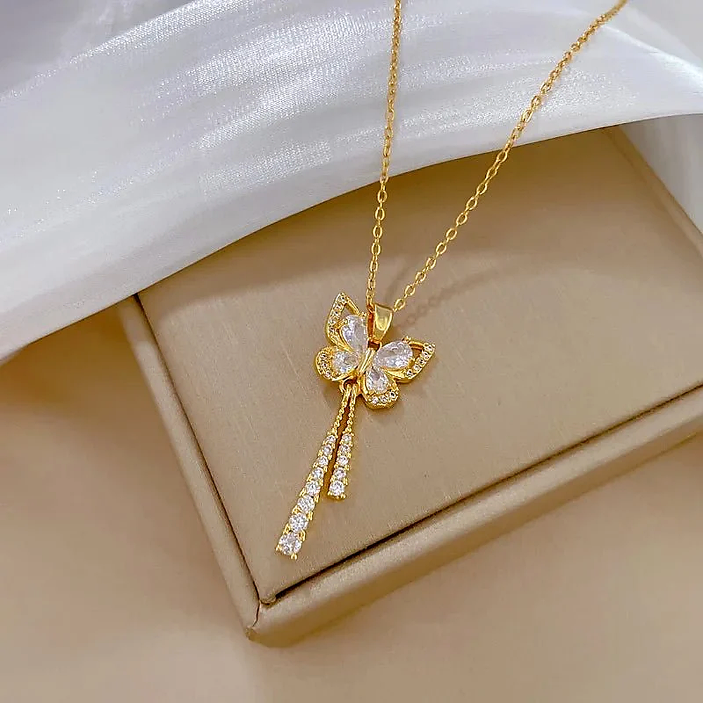 Women's Butterfly Necklace with Hanging Stone Accents