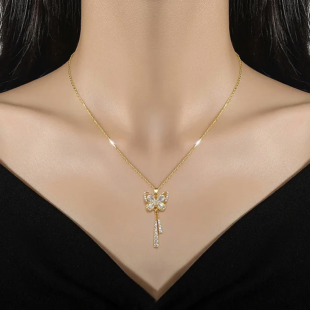 Women's Butterfly Necklace with Hanging Stone Accents