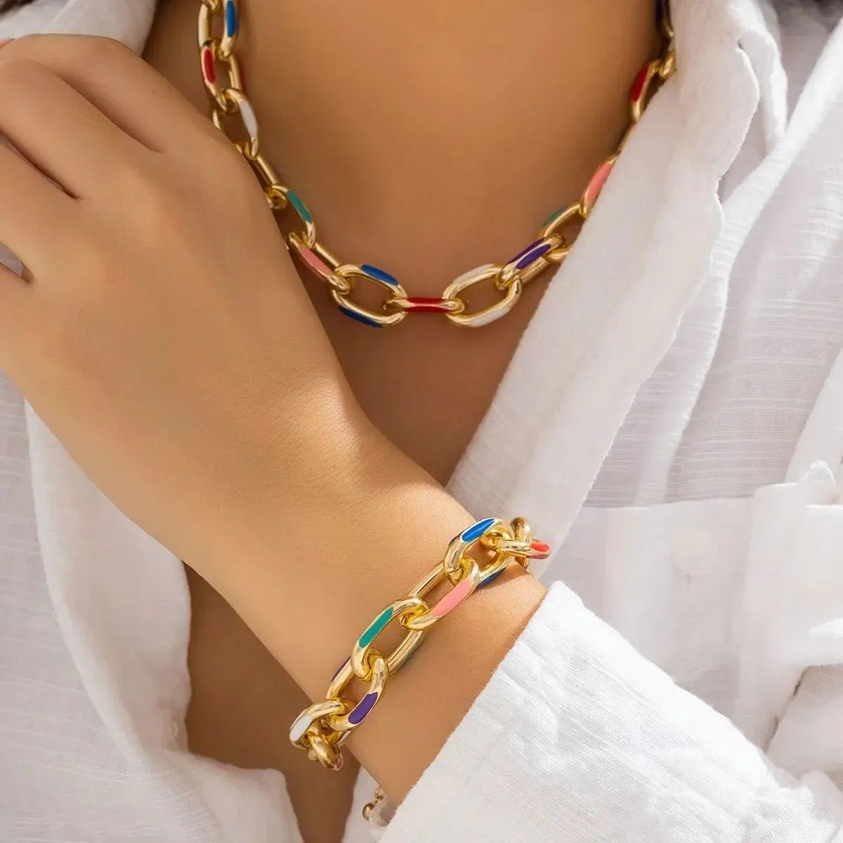 Women's 2-piece Chain Bracelet and Necklace Set with Colorful Highlights