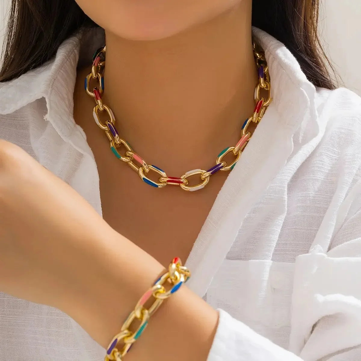 Women's 2-piece Chain Bracelet and Necklace Set with Colorful Highlights
