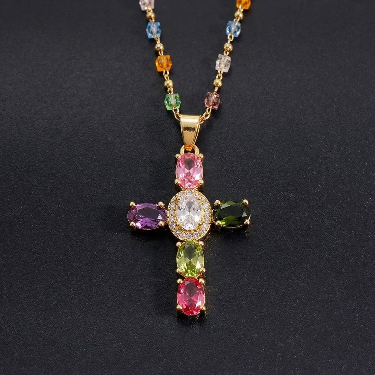 Women’s Cross Necklace with Vibrant Stone Details
