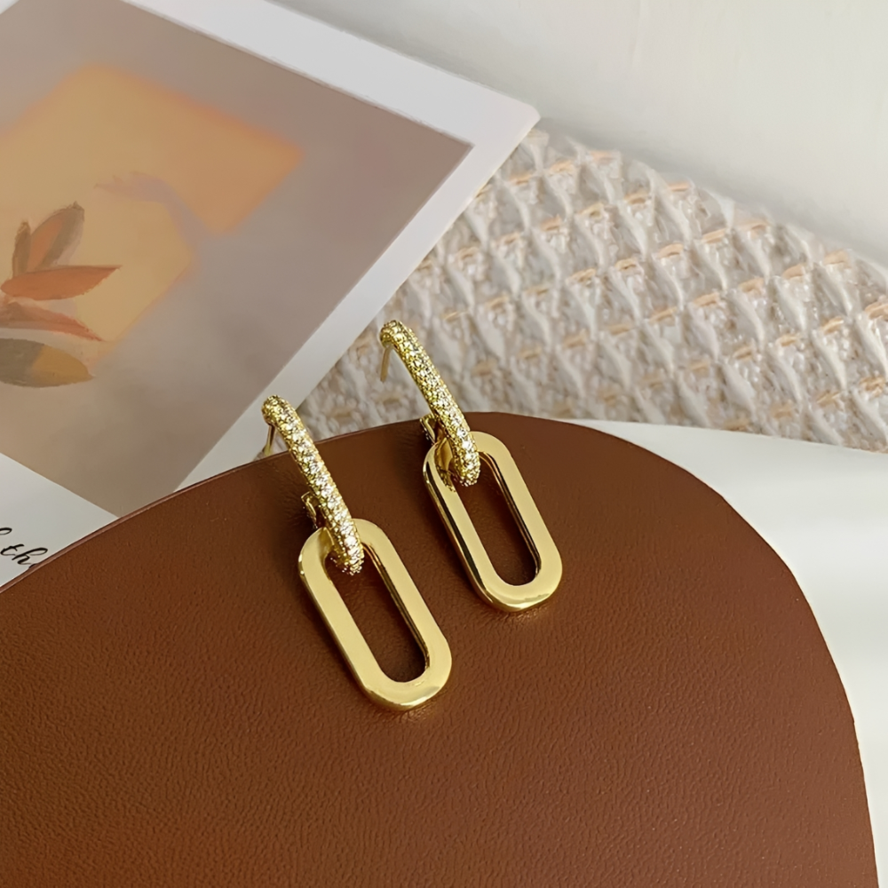 Women's Stud Earrings with Double Loop Design and Stone Accents