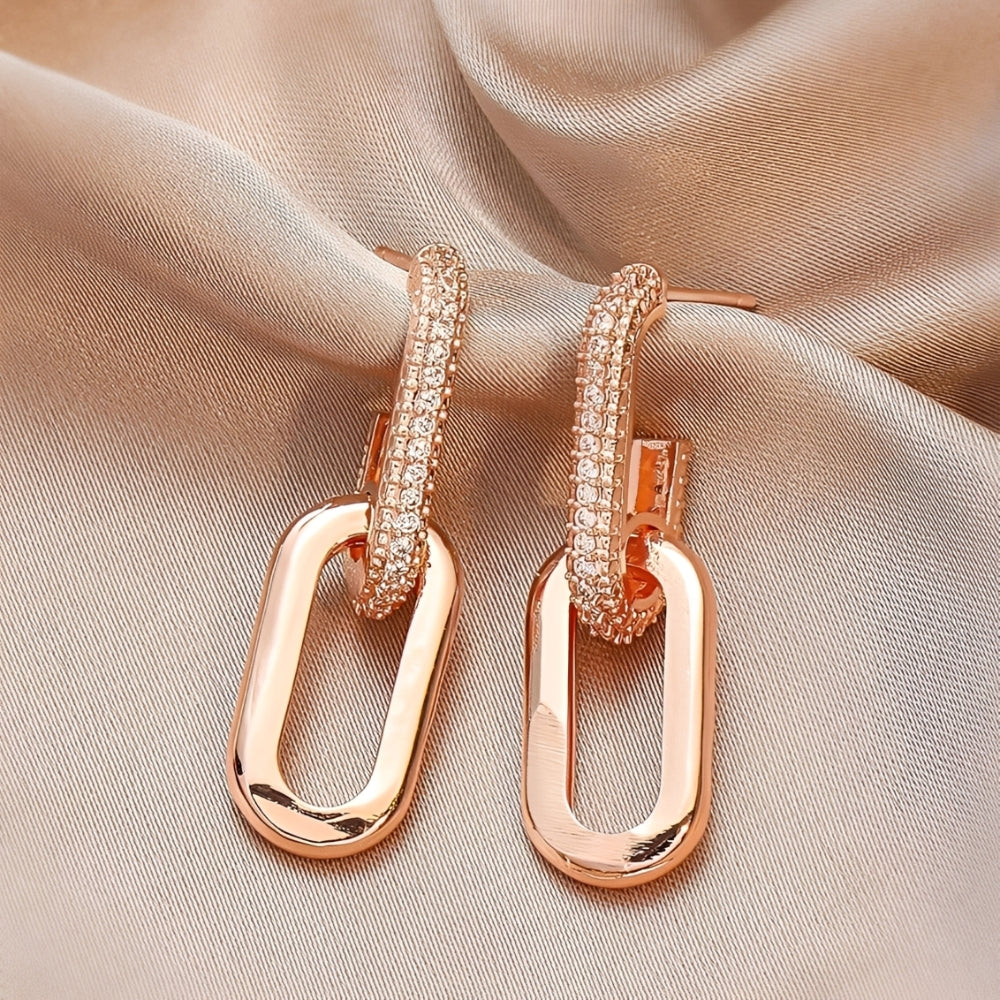Women's Stud Earrings with Double Loop Design and Stone Accents