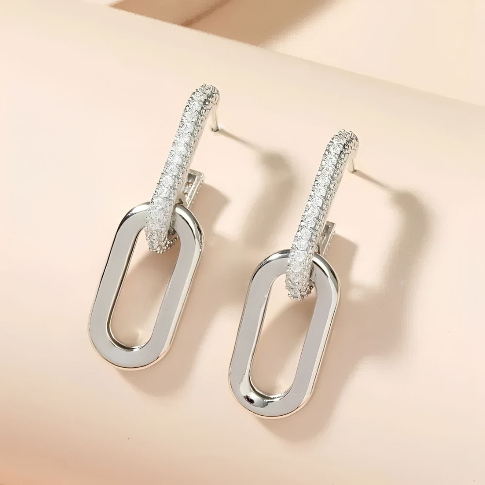 Women's Stud Earrings with Double Loop Design and Stone Accents