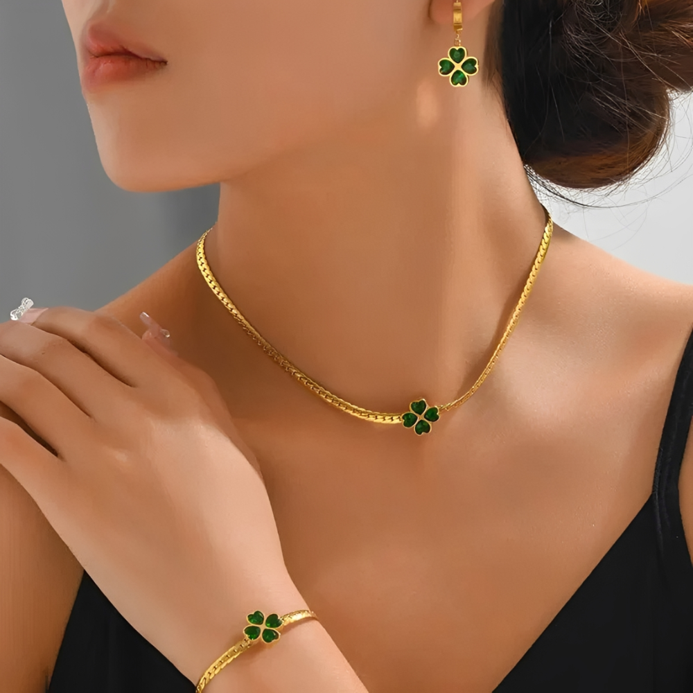 Women's 3-Piece Four-Leaf Clover Jewelry Set with Necklace, Bracelet and Earrings