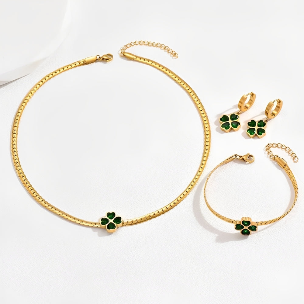 Women's 3-Piece Four-Leaf Clover Jewelry Set with Necklace, Bracelet and Earrings