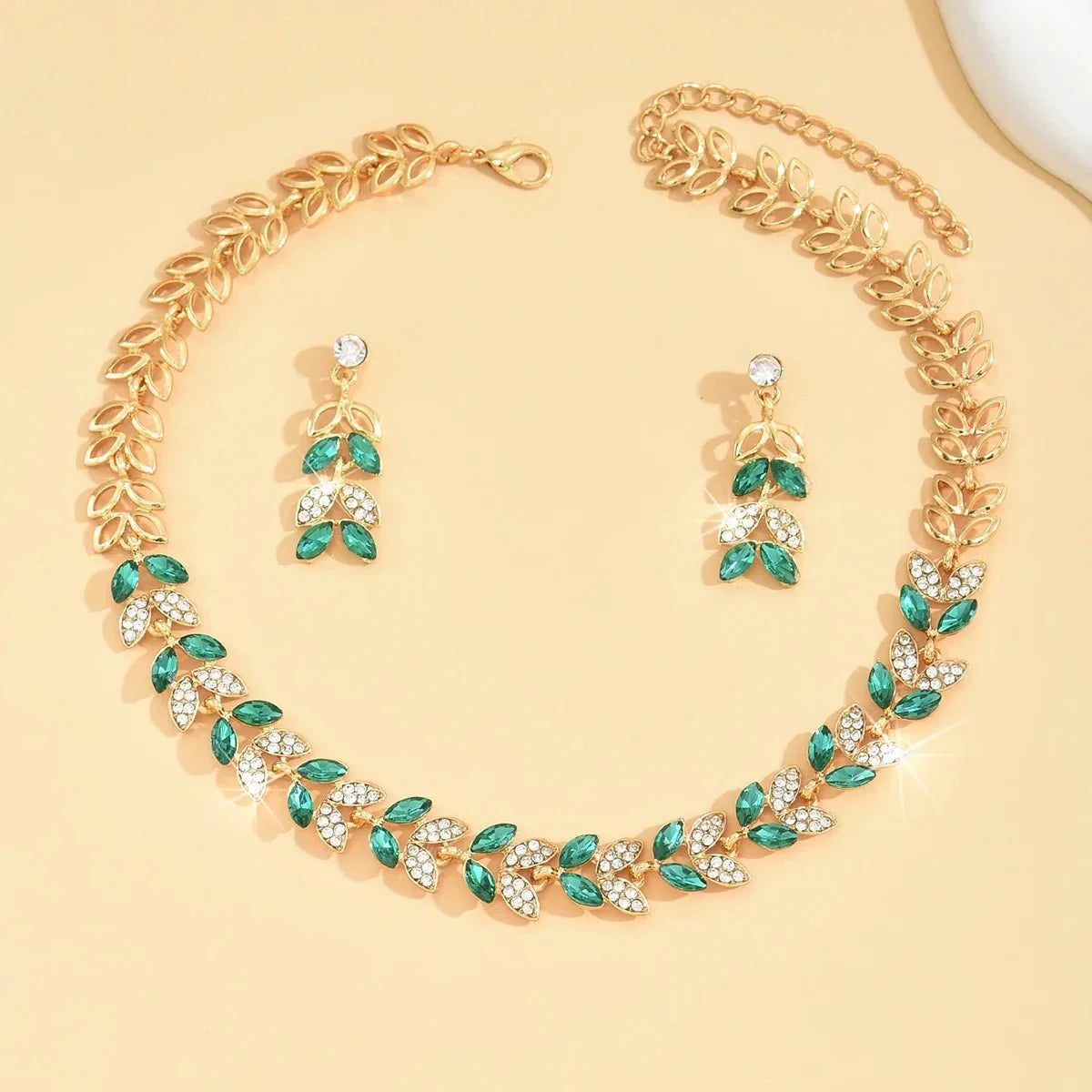 Women's 3-piece Necklace and Earrings Set with Leaf Design and Stone Accents