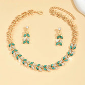 Women's 3-piece Necklace and Earrings Set with Leaf Design and Stone Accents