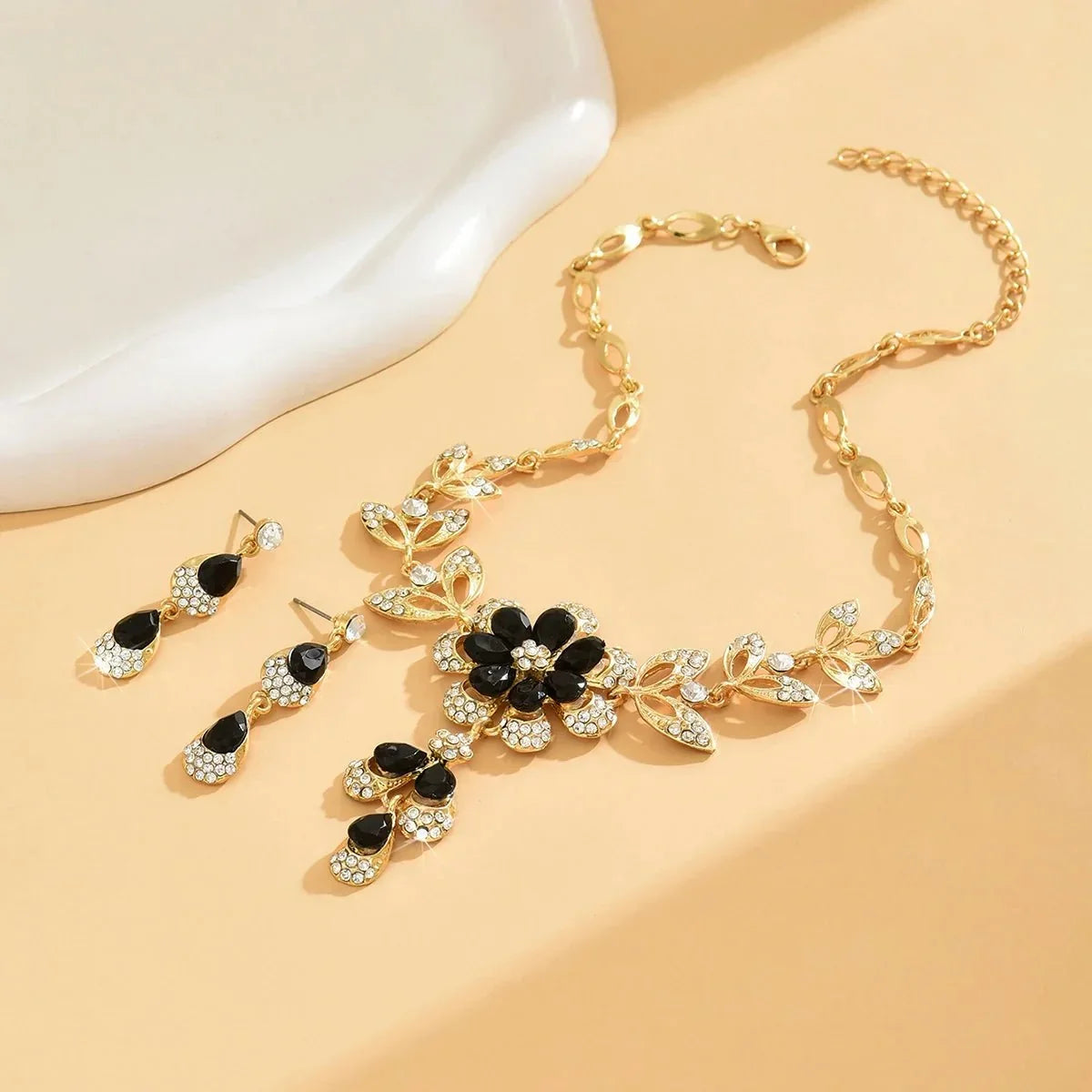 Women's Floral Necklace and Earrings Set with Flower Design and Stone Accents