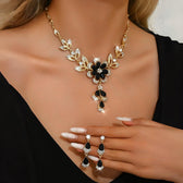 Women's Floral Necklace and Earrings Set with Flower Design and Stone Accents