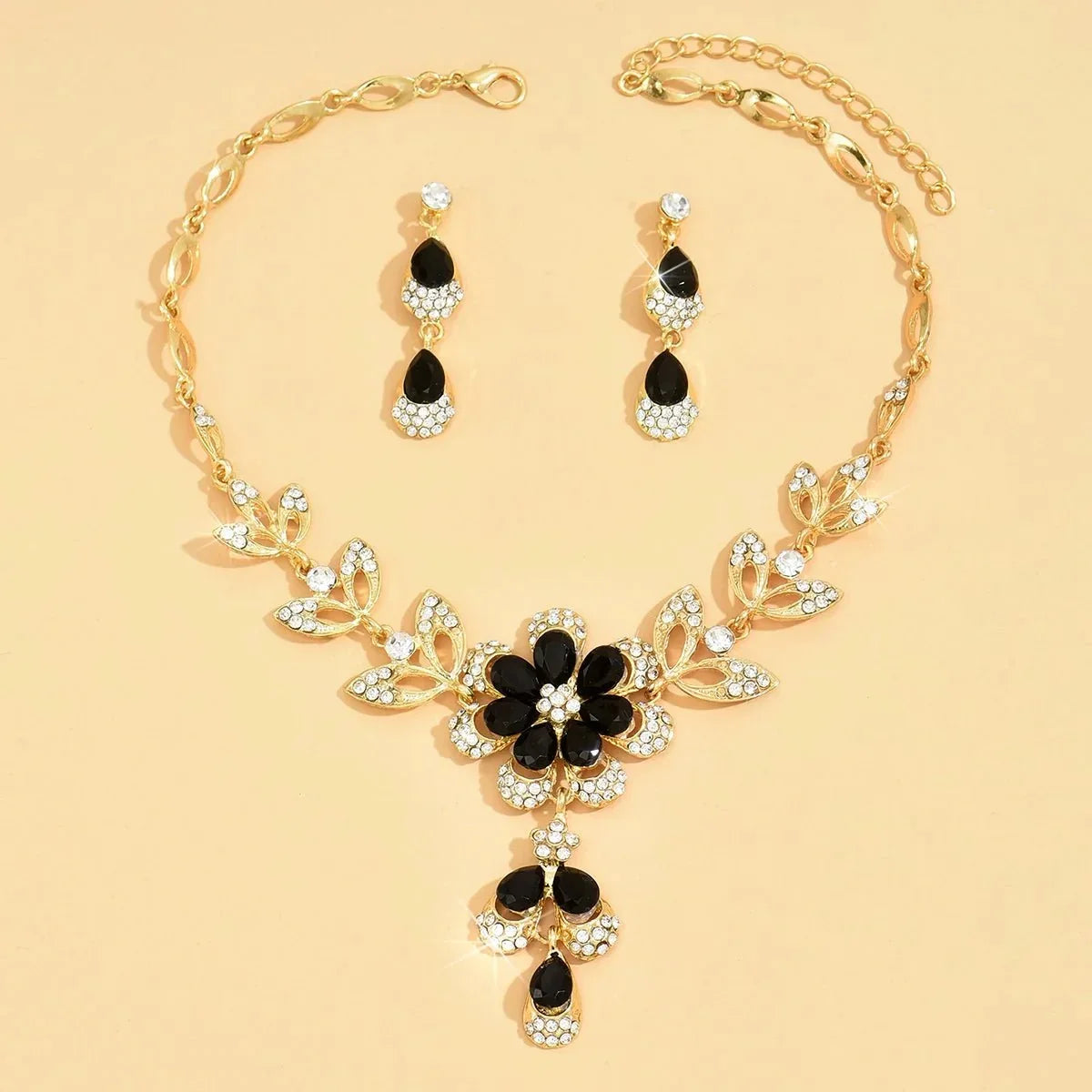 Women's Floral Necklace and Earrings Set with Flower Design and Stone Accents