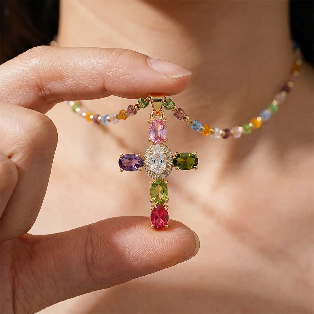 Women’s Cross Necklace with Vibrant Stone Details