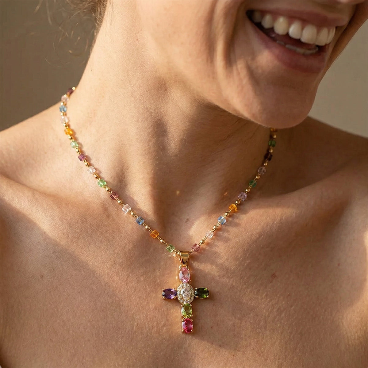Women’s Cross Necklace with Vibrant Stone Details