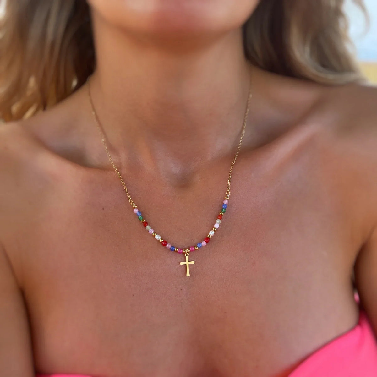 Women’s Cross Pendant Necklace with Pearl Strand and Decorative Stone Details