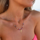 Women’s Cross Pendant Necklace with Pearl Strand and Decorative Stone Details
